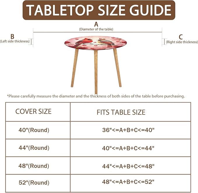 Valentines Day Round Fitted Tablecloth with Elastic Cardinal Bird Heart Circle Table Cloth for 36-40" Tables Wipeable Waterproof Washable Valentine Red Birds Table Cover for Picnic Dining Party Decor