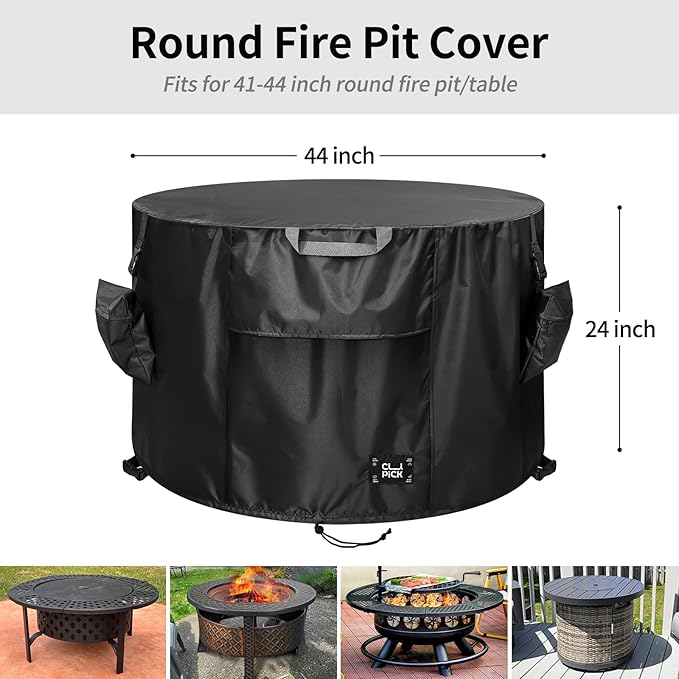 Fire Pit Cover,Heavy-Duty Waterproof Tear-Resistant FirePit Covers Round with Sandbag,Weather and Fade Resistant Fire Pit Cover Round Fits for 41-44 Inch Fire Pit/Table,Black 44" D x 24" H