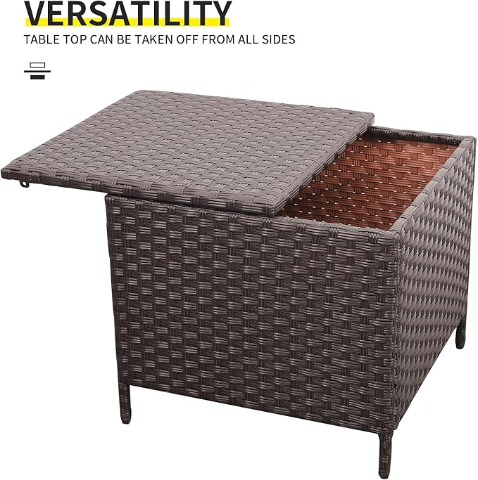 Outdoor Wicker Storage Side Table, Patio Brown PE Rattan End Table with Storage, Square Container for Furniture Covers, Toys, and Gardening Tools