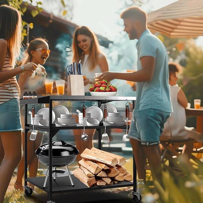 Outdoor Pizza Oven Table,Three-Shelf Outdoor Table with Waterproof Cover, Pizza Oven Stand Tables with Wheels, Movable Outdoor Grill Food Prep Heavy Duty Grill Cart