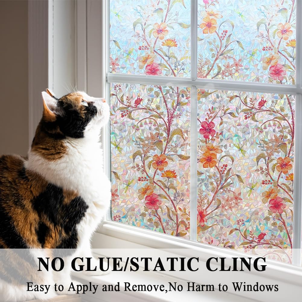 Stained Glass Window Film Static Cling Door Privacy Film Decorative Flowers Red Leaves Window Decals Stickers Heat Control Anti UV for Home and Office,45.2x157 in.