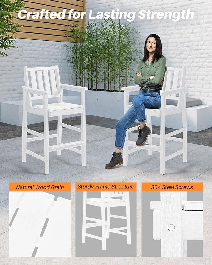 Adirondack Bar Chair Set of 2, HDPE Tall Adirondack Chairs Bar Stools with Footrest, Outdoor Bar Height Stool Chair Set, HDPE Patio Barstools Set for Balcony, Porch, Deck, Pool, Pearl