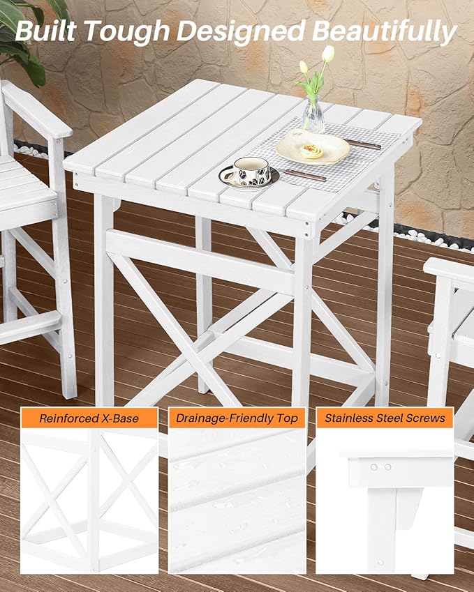 5 Pieces Adirondack Bar Chairs Set, HDPE Patio Bar Height Table and Chairs, Tall Adirondack Outdoor Bar Stools Set, HDPE Patio Bar Sets Furniture for Garden, Poolside, Bistro, Pearl