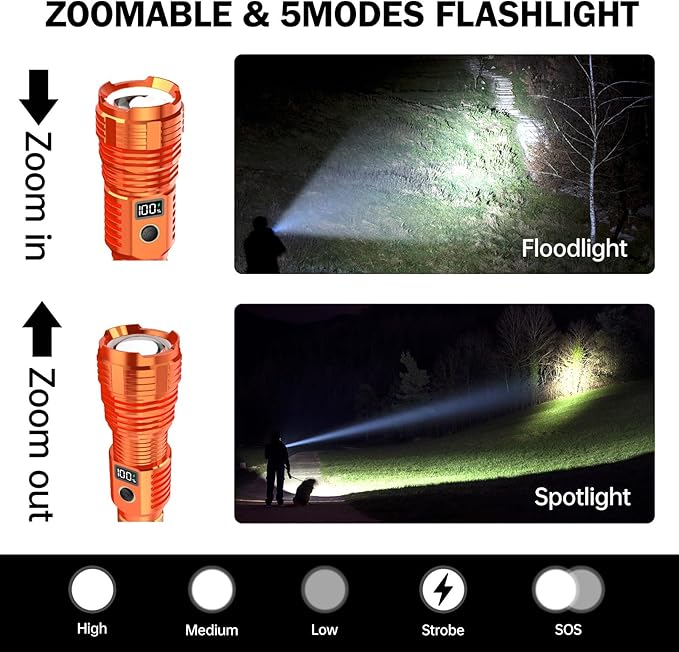 Flashlights High Lumens Rechargeable, LED Super Bright Flash Light Long Beam, Zoomable Linternas with LCD Digital Display, 5 Mode, Waterproof, Powerful Tactical Flashlight for Emergencies Camping Gift