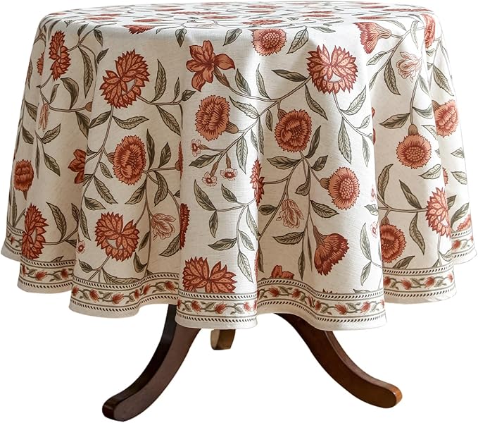 ISAENNE Designer French Round Tablecloth,Linen Orange Floral Pattern Indoor Table Cloth,Wrinkle Resistant Decor Table Cloth for Dining Thanksgiving Kitchen Party,Diameter 67"-Alvarado D