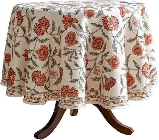 ISAENNE Designer French Round Tablecloth,Linen Orange Floral Pattern Indoor Table Cloth,Wrinkle Resistant Decor Table Cloth for Dining Thanksgiving Kitchen Party,Diameter 67"-Alvarado D