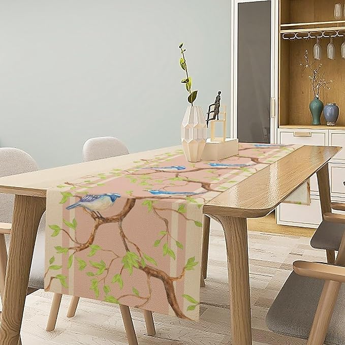 Watercolor Birds Table Runner,Spring Blue Bird Green Tree Table Runner for Kitchen Dining Table Holiday Farmhouse Home Party Decor 13x70in