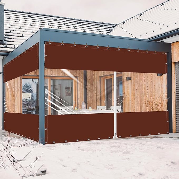 20 Oz Outdoor Vinyl Curtain with Double Sided Zip, Outdoor Clear Panel Curtain, Weather Resistant Outdoor Curtain for Pergola, Porch, Gazebos, with Rustproof Grommets (8'H x 7'W, Brown)