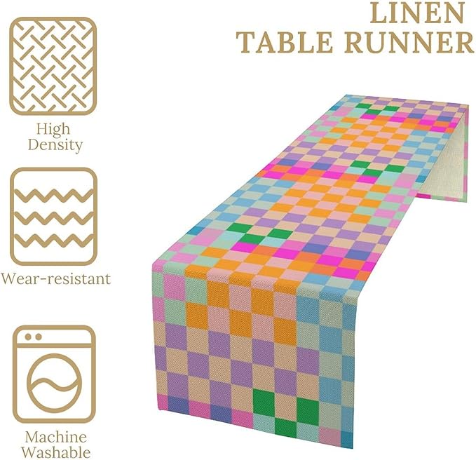 Retro Checkered Table Runner, Bright Rainbow Colorful Modern Groovy Aesthetic Table Runner for Dining Kitchen Party Home Wedding Banquet 13x70in