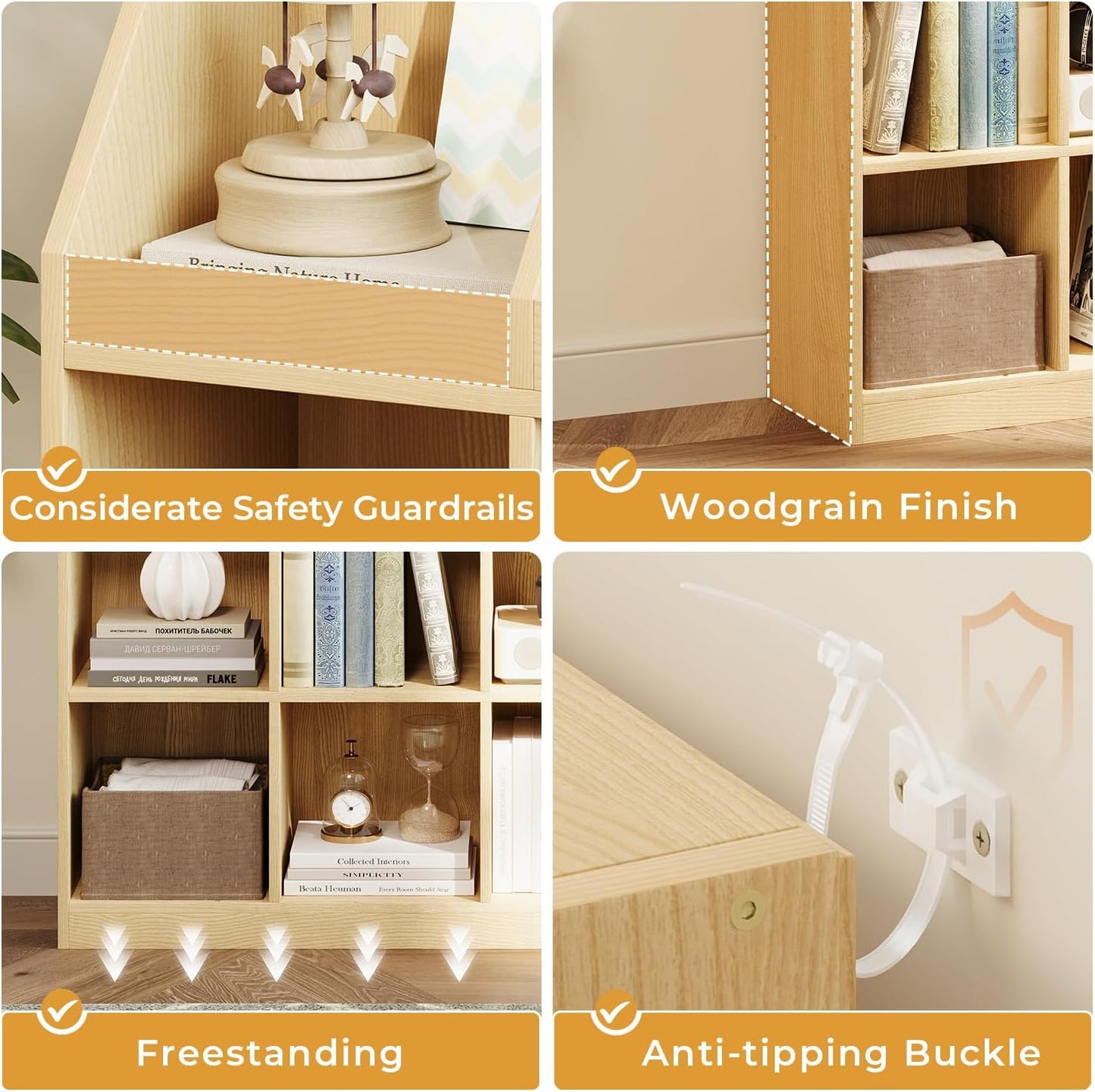 9-Cube Wooden Storage Bookcase - 11-Inch Open Shelf Cabinet, Simple Modern Bookshelf Organizer for Home Office, Living Room, Oak