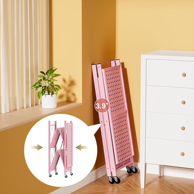 ALANNG Storage Shelves with Wheels, Bookshelf with Storage, No Assembly Metal Rack Shelf for Kitchen, Office, Laundry, Garage (3 Tier, Pink)