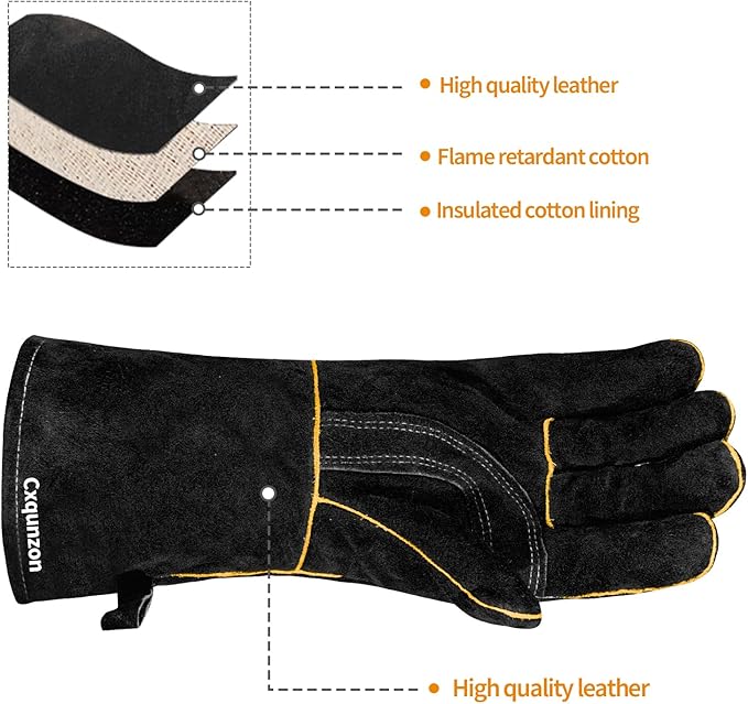 Leather Welding Gloves - Thick Premium Cow Split Leather, Heat Resistant, Welding, Grilling, BBQ & Fireplace