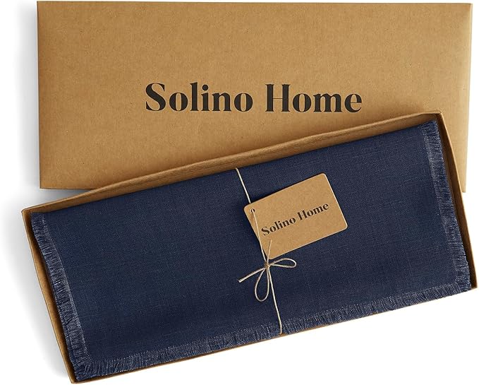 Solino Home Linen Navy Blue Table Runner 108 Inches Long - Fringe, 100% Pure Linen 14 x 108 Inch Table Runner for Winter