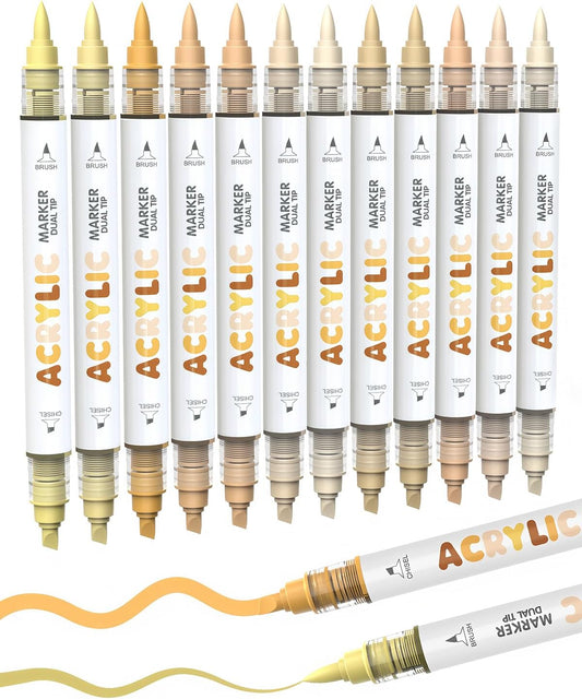 Guangna 12 Skin Tone Dual Tip Acrylic Paint Markers, Brush Tip & Chisel Tip Acrylic Paint Pens for Rock, Wood, Glass, Paper, Coloring Book, Ceramic, Canvas, Water-Based Ink
