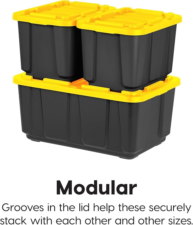 IRIS USA 2-Pack 27 Gallon Storage Bins with Lids |Made in USA| Heavy Duty Plastic Tote Containers for Truckbed Tool Box Organization, Large - Black/Yellow