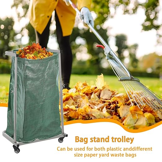 4-Wheel Trash Bag Holder, Outdoor Metal Leaf Bag Holder Stand, Garbage Bag Frame Holder, Mobile Trash Bag Holder, Adjustable Lift, Hand Welded Metal Stainless Steel Bag Support Column Frame