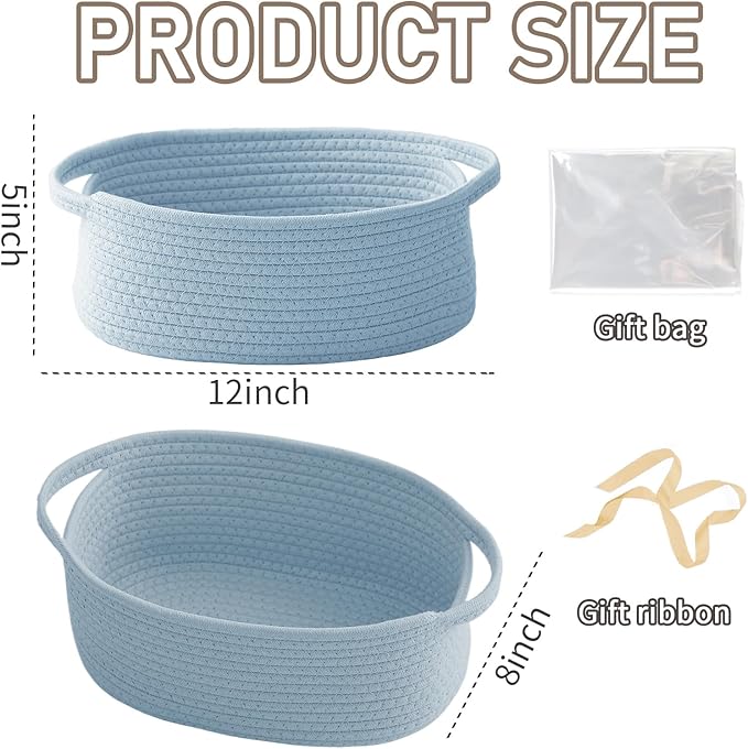 Woven Basket,Small Rope Storage Bin with Handles & Ribbon Bag, Organizer for Shelves Closets,Gift Basket Empty for Birthday,Books,Dog Toys, Blue/3 Pack
