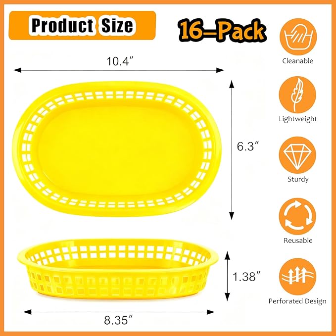 Fast Food Baskets 16-Pack, 10 x 6 Inch Plastic Oval Serving Baskets for Burgers,Bread, Fries & Sandwiches, Restaurant Diner Cafeteria Food Truck Party Use, Reusable&Stackable(Yellow)