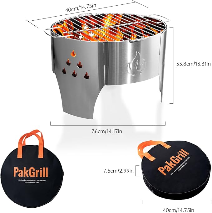Camping Campfire Grill, Portable Folding Charcoal Stove, Backpacking BBQ Rack, Stainless Steel Heavy Duty Firepit Cooker with Carry Bag for Outdoor Cooking, Bonfire, Patio, Backyard