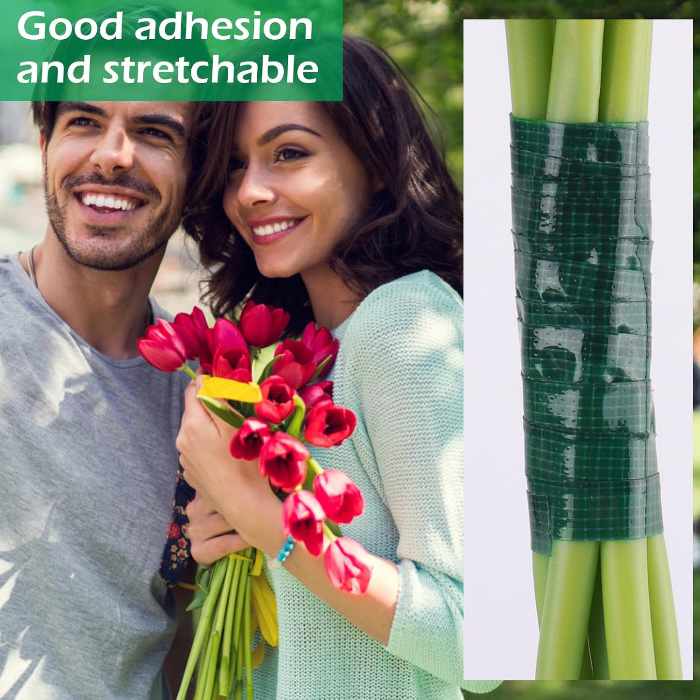 GLAMFIELDS Floral Tape Green, Flower Wrap Adhesive Waterproof Tape for Bouquets 0.25" (60 Yd/180 Ft) - 1 Roll