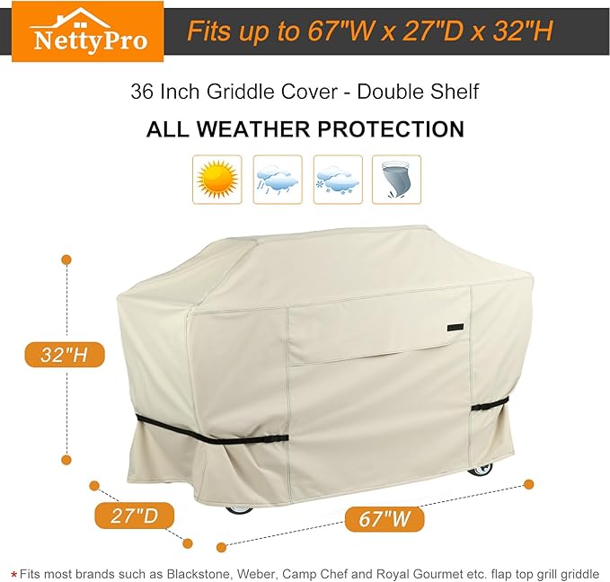 NettyPro Griddle Cover for Blackstone 36 inch Griddle Waterproof Heavy Duty 4 Burner Flat Top Gas Grill Cover for Blackstone 36" Griddle Cooking Station and Camp Chef FTG600, Beige