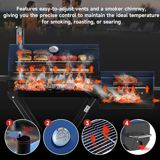 Portable Charcoal Grill with Smoking Function, Foldable Suitcase Design with Wheels, Multi-Tier Storage Rack & Waterproof Cover for Outdoor BBQ Parties (Blue)