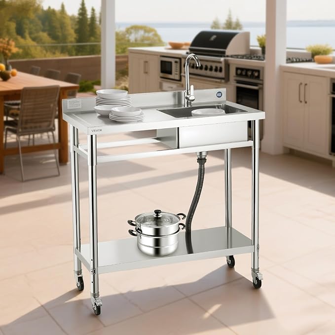 VEVOR Stainless Steel Utility Sink, Rolling Single Bowl Commercial Kitchen Sink with Wheels,Faucet and Hot & Cold Water Pipe,Utility Basin Workbench for Garage Restaurant Laundry 39.4 x 19.7 x 41.5 in
