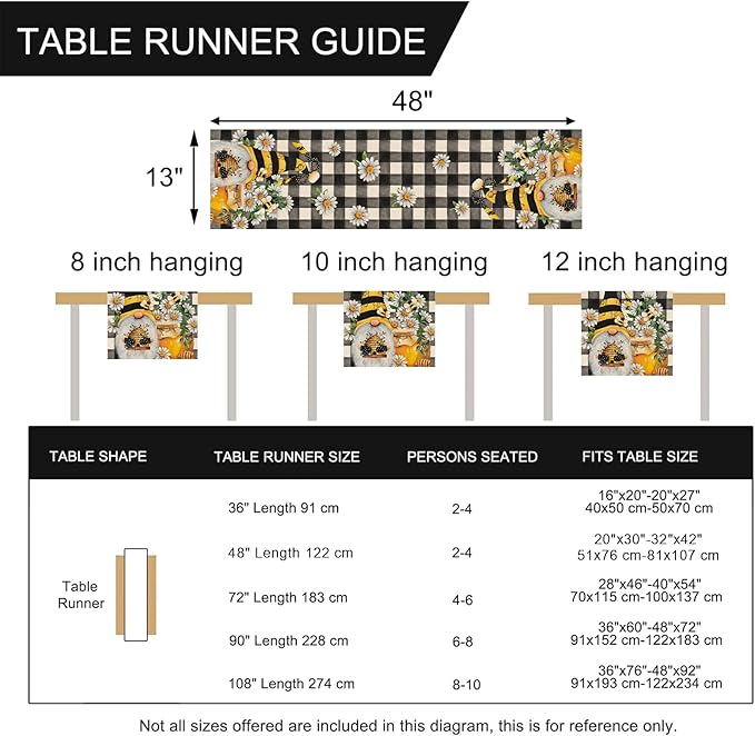 Seliem Spring Bee Gnome Table Runner, Honey Black White Buffalo Plaid Check Home Kitchen Dining Decor, Summer Seasonal Farmhouse Daisy Decorations Indoor Outdoor Anniversary Party Supply 13 x 48 Inch