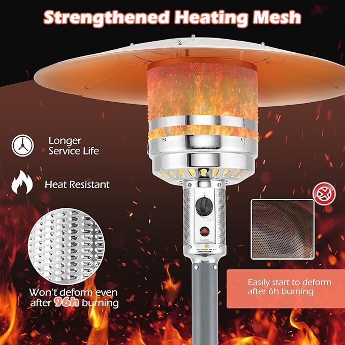 Tangkula 50,000 BTU Propane Outdoor Heater, Patio Heater with Strengthened Stainless Steel Burner, Tip-Over, Flame-Out Protection, Wheels, Outdoor Heaters for Patio (Grey)