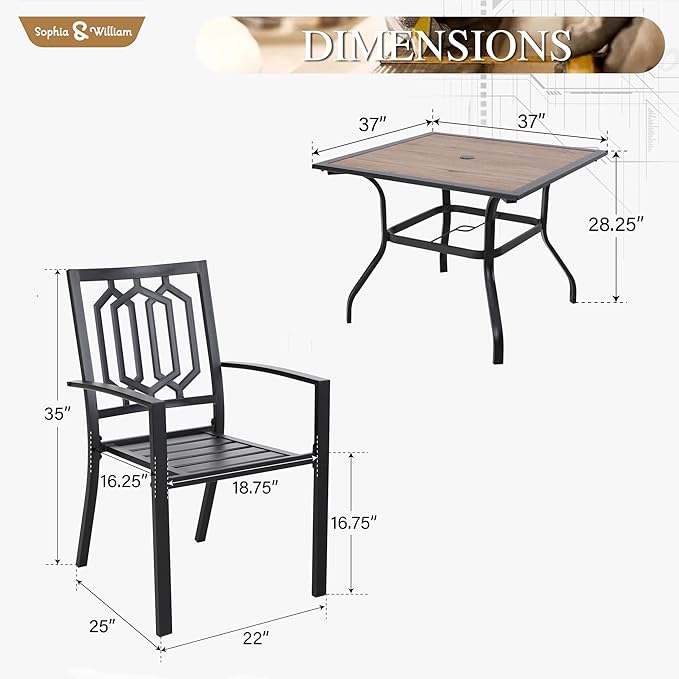 Sophia & William Patio Table and Chairs Set, Outdoor Dining Set for 4, 5 Piece Metal Patio Furniture, 37" Black Square Table(Geometry)