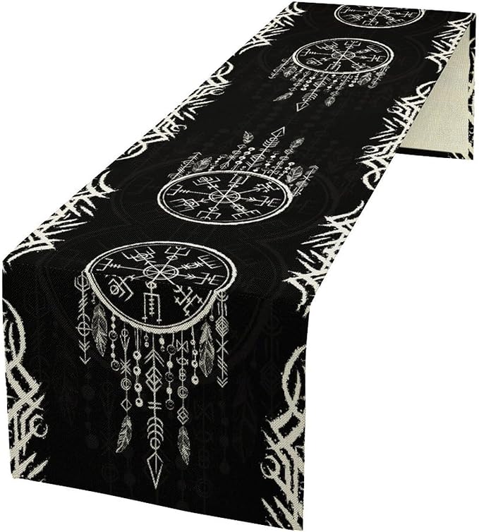 Viking Table Runner, Nordic Ancient Mythical Runes Print Table Runner for Home Dining Kitchen Coffee Table Party 13x108in
