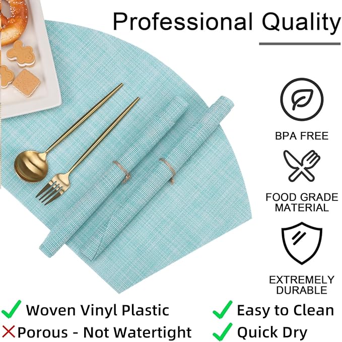 SHACOS Wedge Placemats Set of 4 Woven Vinyl Round Table Placemats Wipe Clean Round Table Mats Indoor Outdoor, Blue