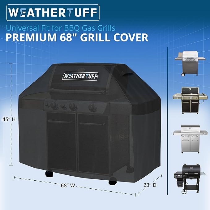 All Season Universal Heavy Duty Standard Grill Cover, Hi-Tech Premuim Quality | Anti-UV, Waterproof & Wind Resistant - Outdoor Barbecue Grilling & Storage, 68" L x 24" W x 48" H | Black