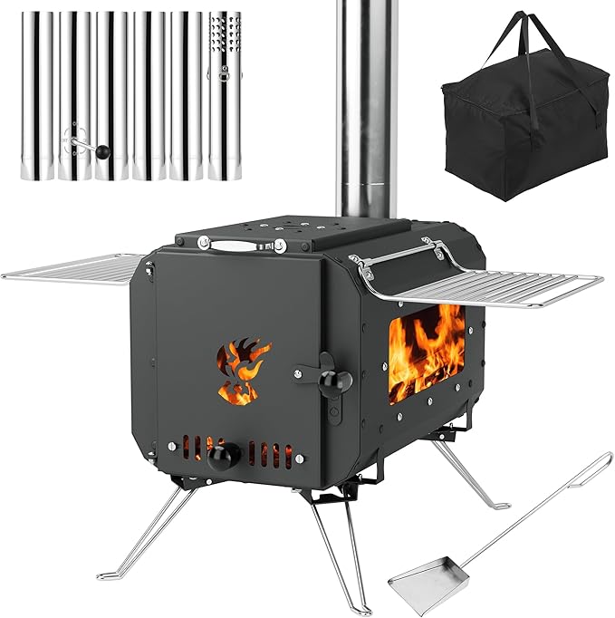 Wood Burning Stove, Hot Tent Stove, Folding Portable Wood Stove for Tent, Cooking, Hiking, Camping Wood Stove Includes Six Chimney Pipes and View Glass, Black