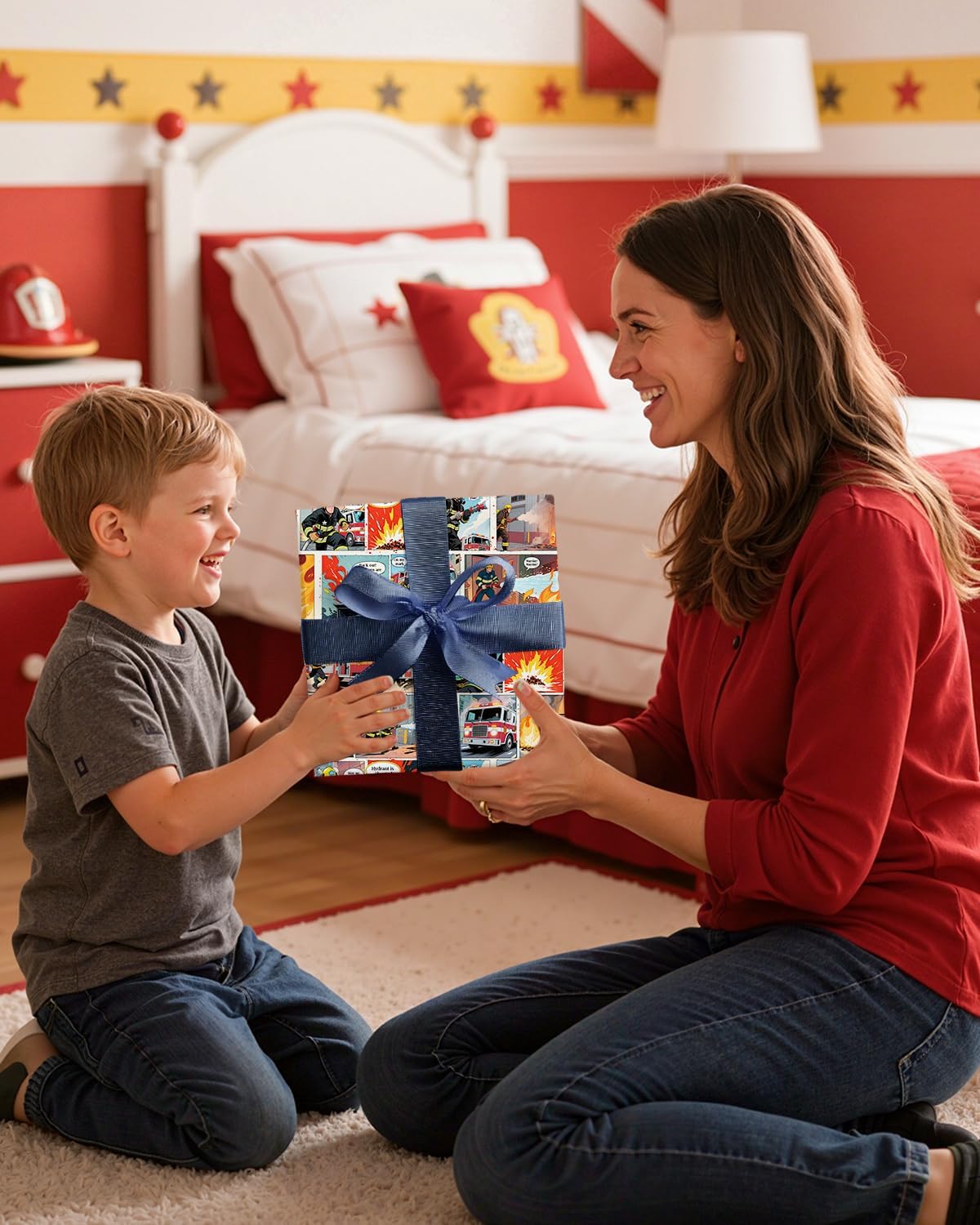 Pineraap 12 Sheets Firefighter Themed Wrapping Paper, Fire Safety Gift Wrap for Firefighter, Folded Flat Art Paper for Birthday Parties, Fireman Theme Favors, Thank You & Appreciation,19.7 x 27.6 Inch