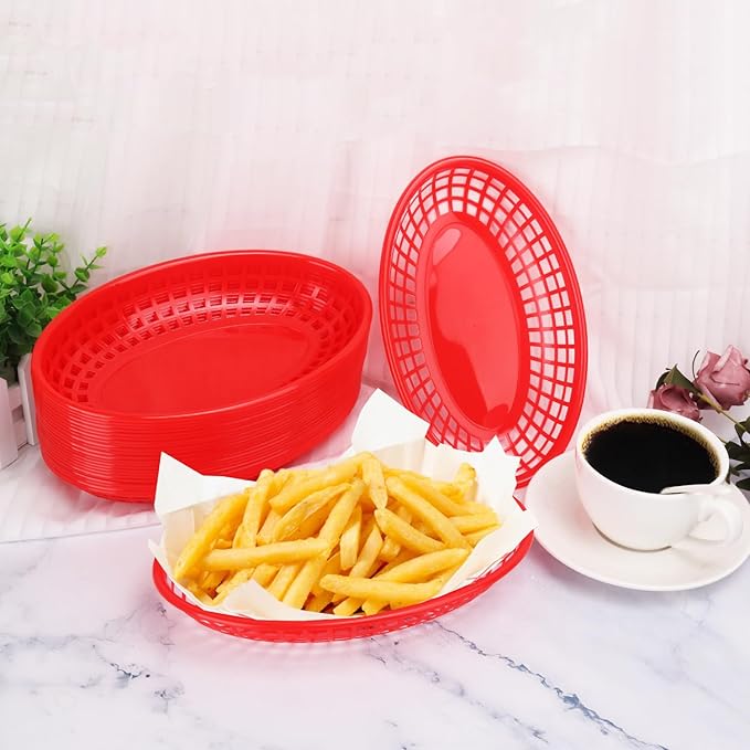 90 Pcs 9 x 5.7 Inch Reusable Oval Fast Food Baskets, Sturdy Plastic Serving Baskets for Fast Food, Parties, Picnics, BBQs and Snacks, by KUKLIPJIM.(Red)