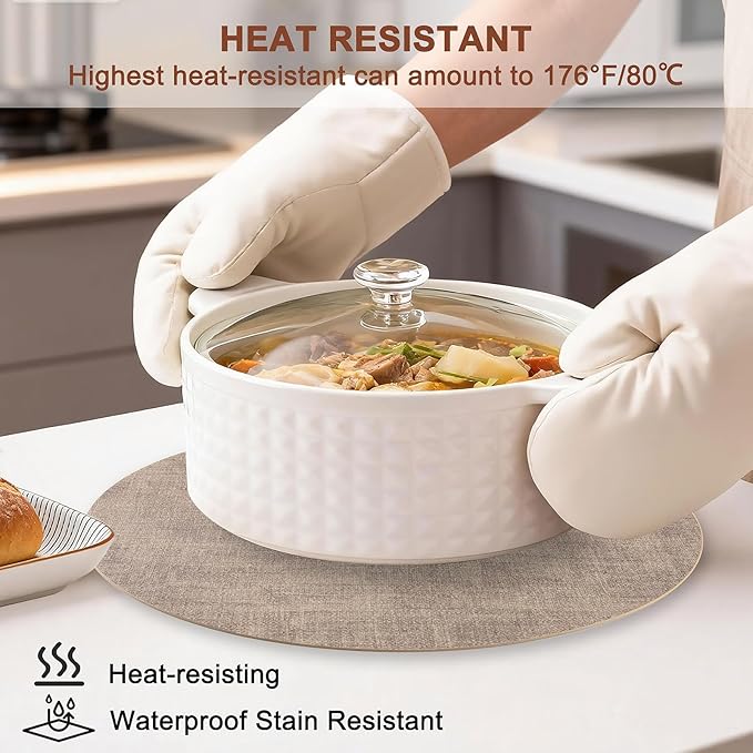 Round Faux Leather Placemats and Coasters, Set of 8, Reversible Heat Resistant Non-Slip Table Mats, Waterproof Wipeable Place Mats for Dining Table, Washable for Indoor & Outdoor (8, Light Brown)
