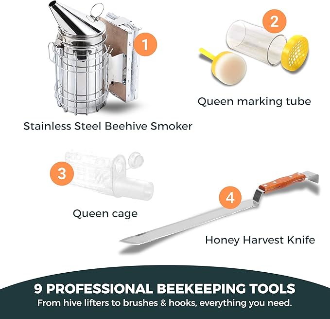 SunVara Bee Keeping Starter Kit Beekeeping Supplies, Bee Keeping Supplies-All Beekeeping Tools Bee Supplies and Equipment, Honey Bee Hive Starter Kit Tools Beekeeping Bee Smoker for Beekeeping