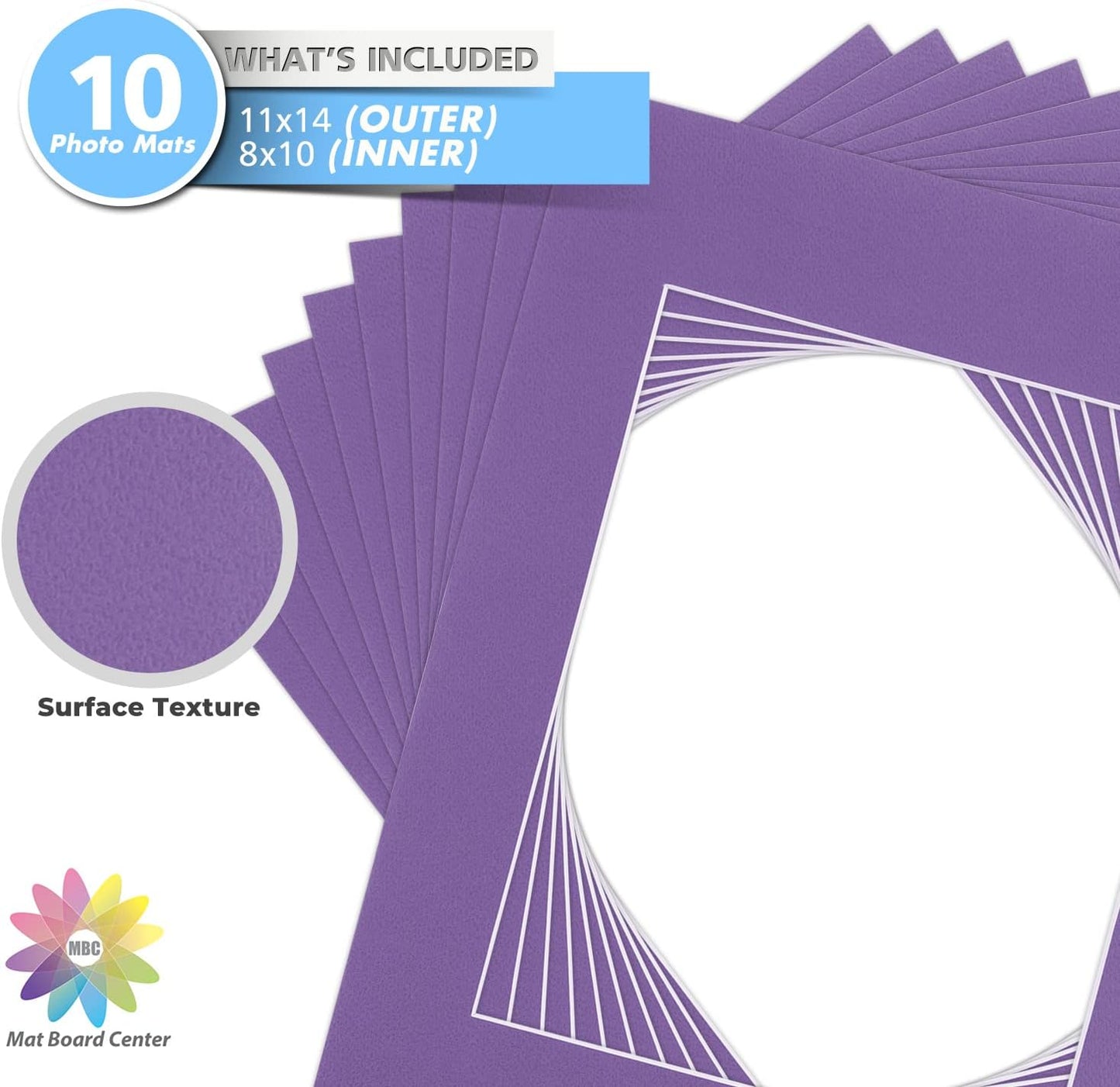 Mat Board Center, Pack of 10, 11x14 for 8x10 Purple Color Mats - Bevel Cut, Acid Free, 4-ply Thickness, White Core - for Pictures, Photos, Framing