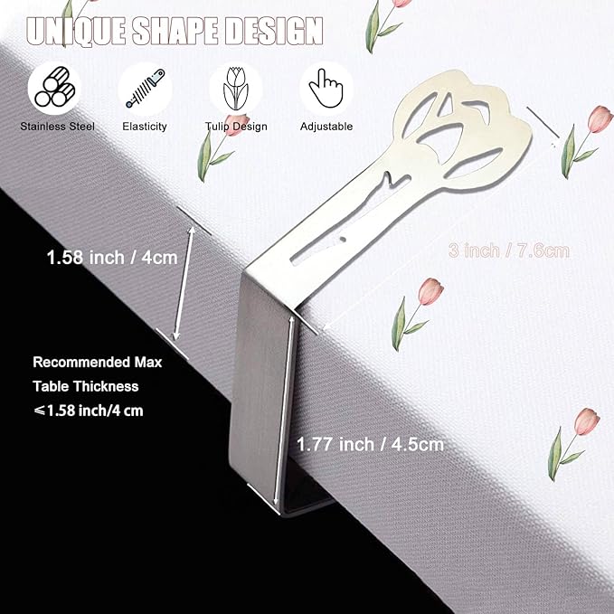 CUNGLIN Tablecloth Clips for Outdoor Tables, Tulip Shape Picnic Table Cloth Holder Clip Large Thick Stainless Steel Decorative Cover Clamp Pin for Indoor Party Wedding RV Accessories 10 Pack