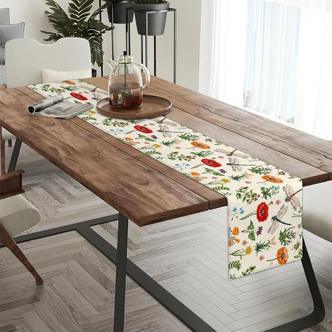 Flowers Dragonflies Table Runner Kitchen Dining Table Runner 13*90in Table Center Decor for Indoor Outdoor Home Holiday Party