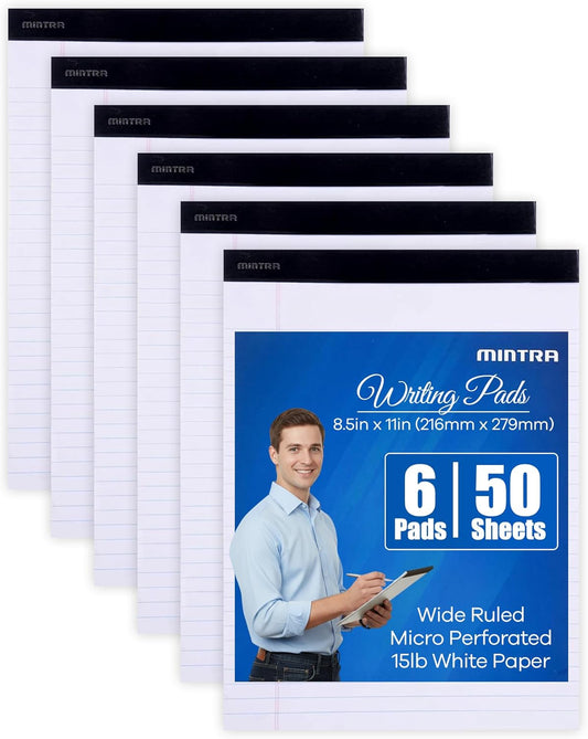 Mintra Office Legal Pads - ((BASIC WHITE 6pk, 8.5in x 11in, WIDE RULED))