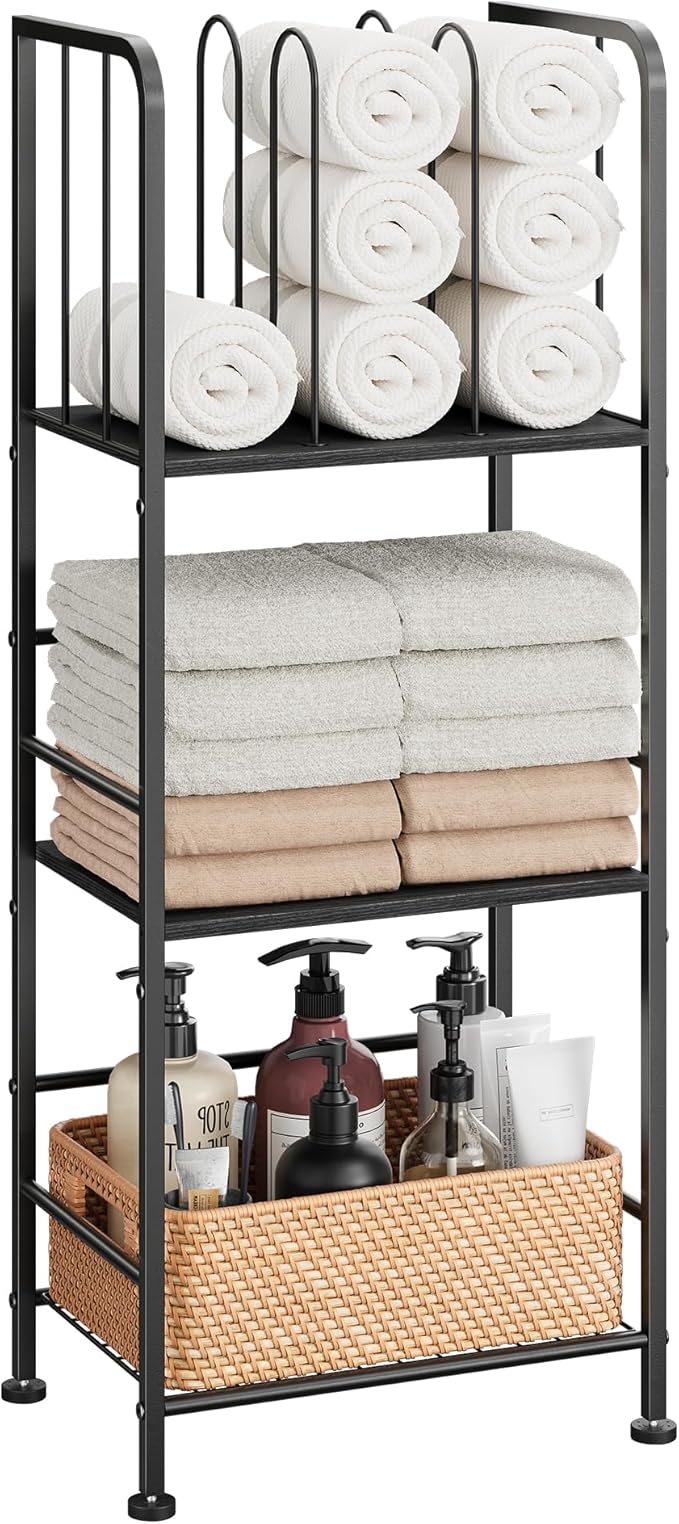 Towel Rack Free Standing 3-Tier M-Shaped Detachable Dividers, Durable Metal Holder, Pool Towel Rack, Space-Saving Towel Storage Organizer, Modern Bath Towel Shelf for Home, Poolside, Black