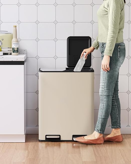 Arlopu 16Gal Dual Trash Can w/2 Built-in Box for Odor Control, Hands-Free Kitchen Garbage Bin, Recycle Waste Dustbin, Soft-Close Lid, 2 Buckets,Foot Pedal, Side Handle, Airtight,for Home (Beige)