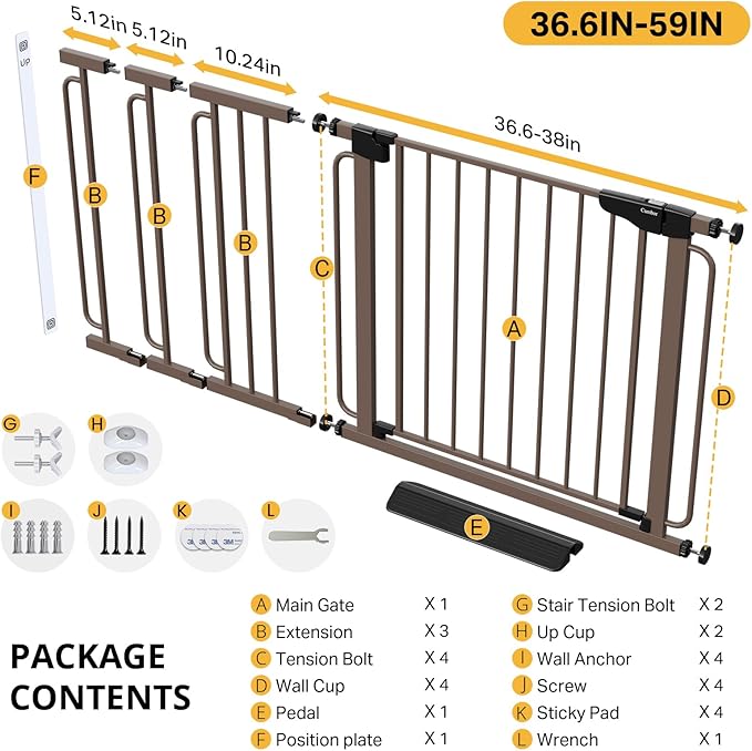 Cumbor 29.7-59" Extra Wide Baby Gate for Stairs, Pressure Mounted Dog Gate for Doorways, Auto-Close Easy Walk Through Safety Child Gate for Kids Toddler, Tall Pet Gates Indoor, Brown