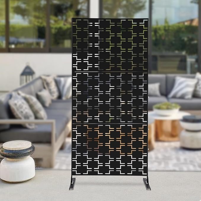 Outdoor Metal Privacy Screen with Stand, 35.4" W x 75" H Freestanding Metal Slatted Decorative Privacy Screen and Panels for Patio Garden Balcony Porch (Black Rectangular)