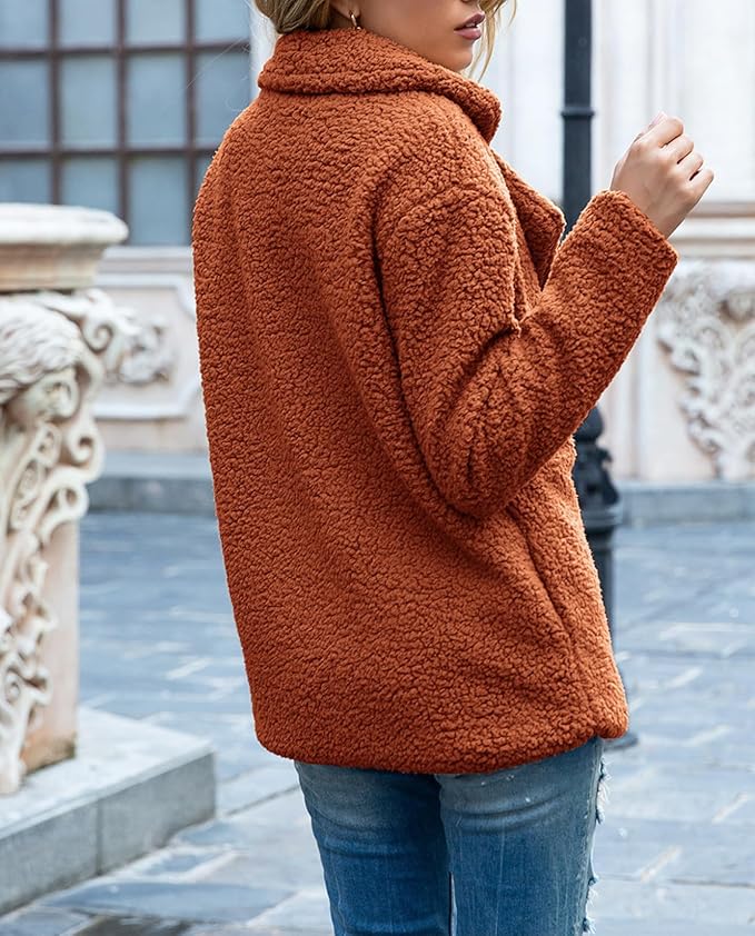 Women's Winter Warm Plush Cardigan Fuzzy Fleece Lapel Jacket with Buttons Pockets Long Sleeve Casual Outerwear