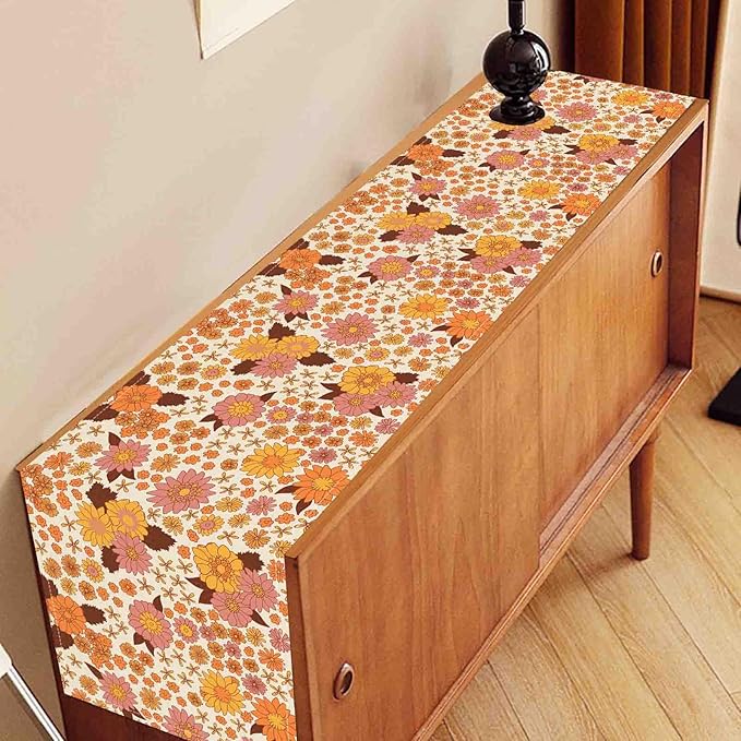 Groovy Floral Table Runner, Retro 70s Hippie Floral Funky Orange Floral Trippy Coffee Table Center Decor for Home Kitchen Dining Patio Holiday Party Indoor Outdoor Table Decorations, 13"x108" Inch