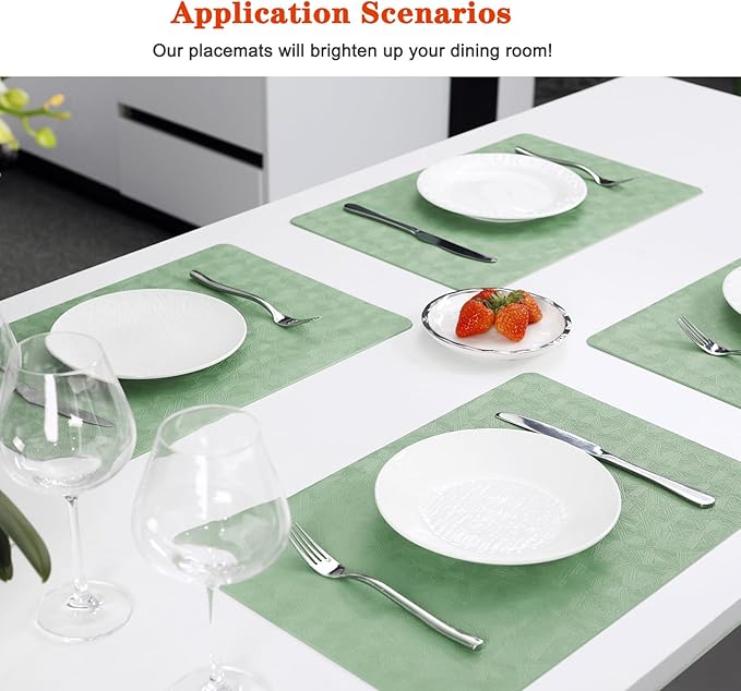 Vinyl Placemats Set of 6 Heat Resistant Easy Clean Non-Slip Place Mats for Dining Table. Faux Leather Waterproof Stain Resistant Wipeable Washable PU Table Mats(6, Green)