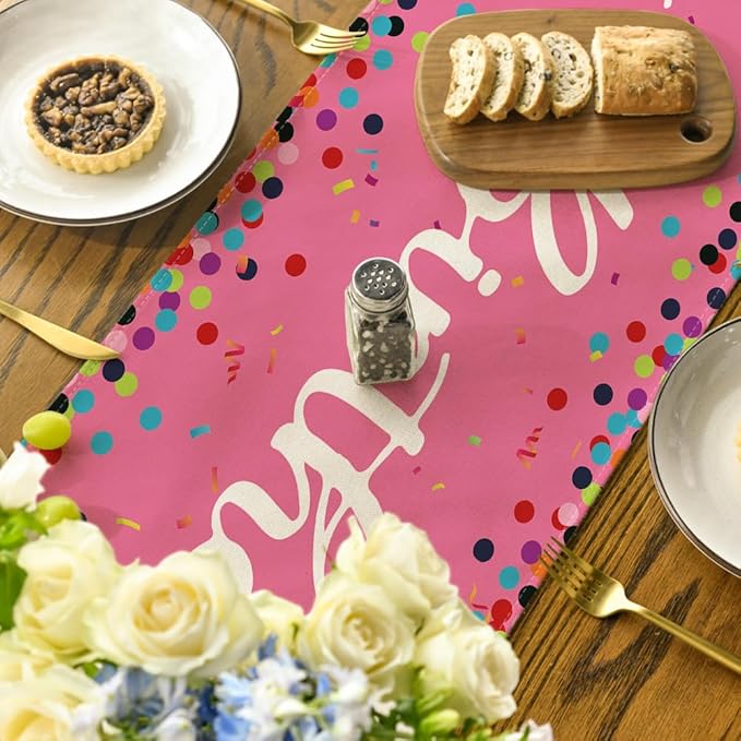 Artoid Mode Polka Dot Pink Happy Birthday Table Runner, Seasonal Kitchen Dining Table Decoration for Home Party Decor 13x90 Inch